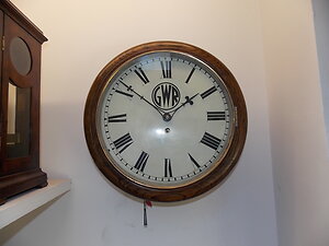 Antique English Fusee Dial / Wall Clocks. GWR oak